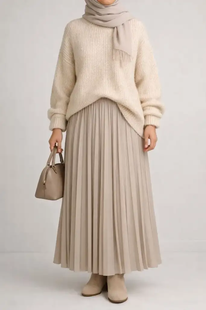 تنورة بلسيه شتوية وبلوزة صوف لون بيج 2026
