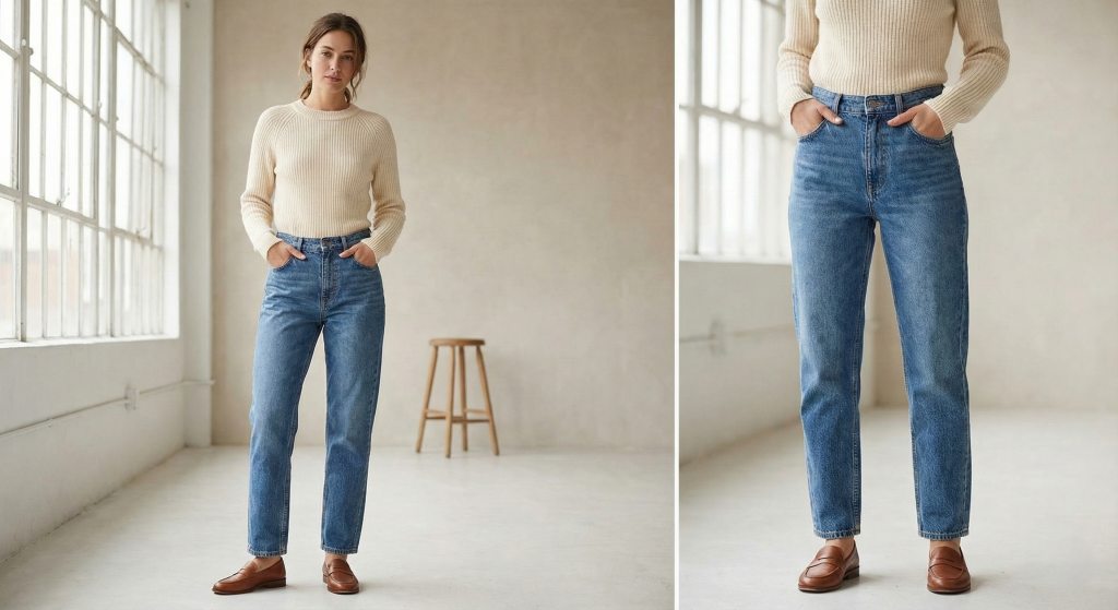 بنطال mom jeans بقصة الخصر العالي وتصميم مريح وأنيق
